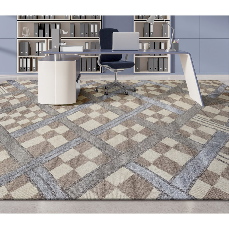 Hand Knotted Checkered Area Rug in Mesa/Blue/Ivory/Gray, Rectangle 6' x 9'