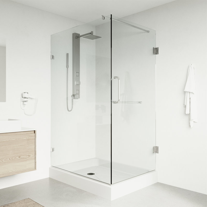 Cabine de douche à charnière sans cadre avec verre transparent 3/8 et base Pacifica l 36 po x P 48 po x H 79 po, Chrome