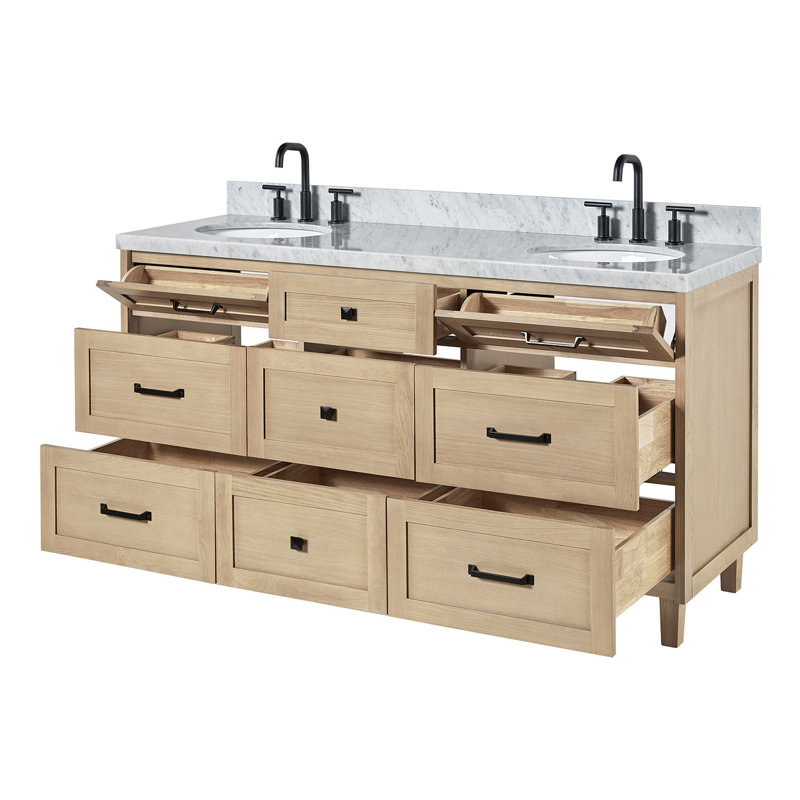 Ariel Monrow 67 Inch Double Oval Sink Bathroom Vanity With Italian Carrara Marble Countertop, Oak