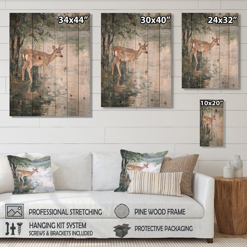 Cerf au bord du lac, campagne I - Art mural moderne sur bois de pin naturel, H 40 po x l 30 po