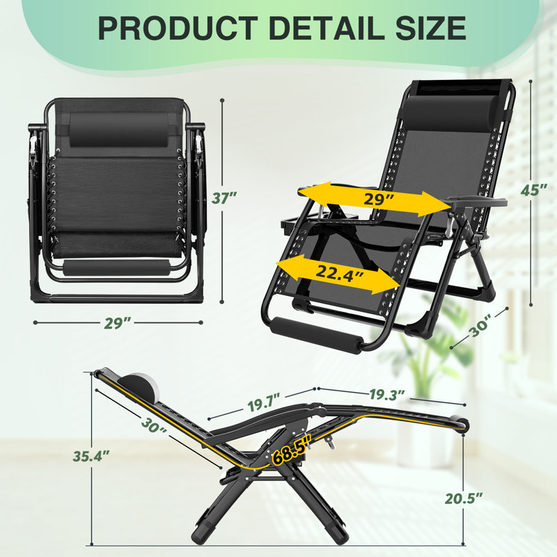 Bucella Oversized XL Folding Zero Gravity Chair, Patio Reclining Lounge Chair 29In with Cushions and Headrest, Black