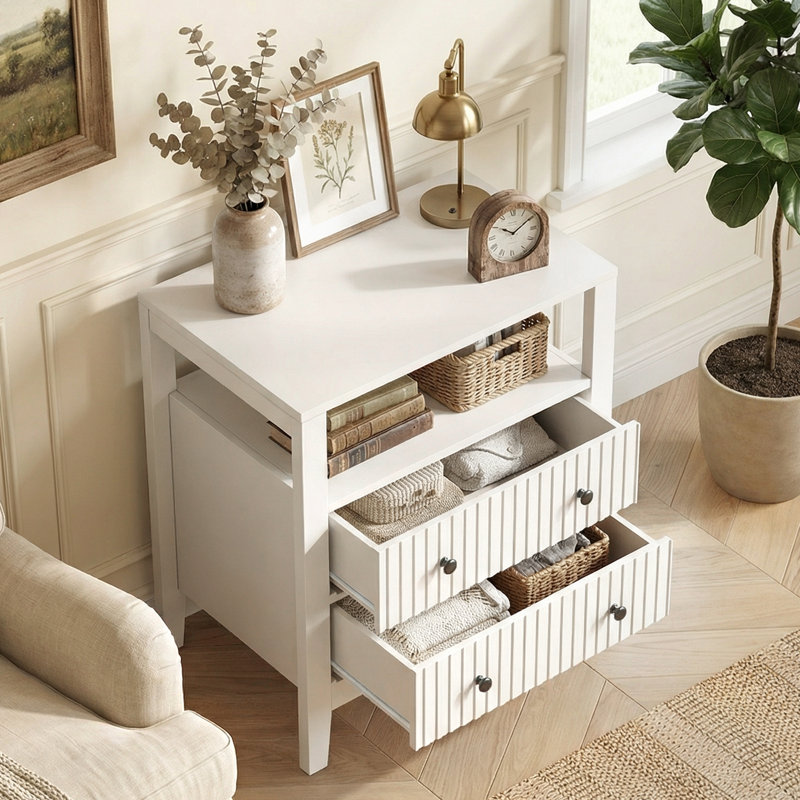 Fluted Nightstand With with 2 USB Ports and 2 AC Outlets, Set of 2