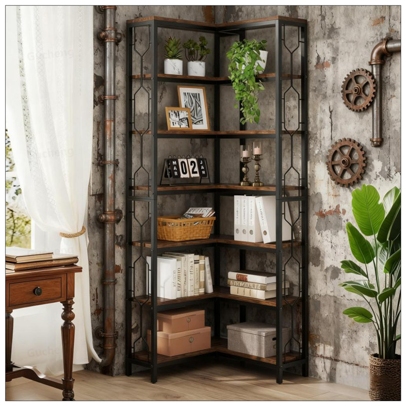 7-Tier Industrial Corner Bookshelf With L-Shaped Design For Maximum Space Efficiency And Storage