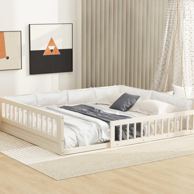 Beige Platform Bed With Guardrail And Comfy Pillow - Structure Wood Full Size In Build