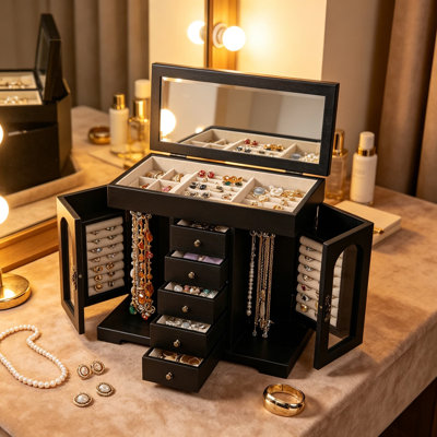 Boîte à bijoux en bois pour femme avec miroir, étui de rangement pour bijoux à 5 couches pour colliers, boucles d'oreilles, bagues, bracelets, style maison de campagne, noir