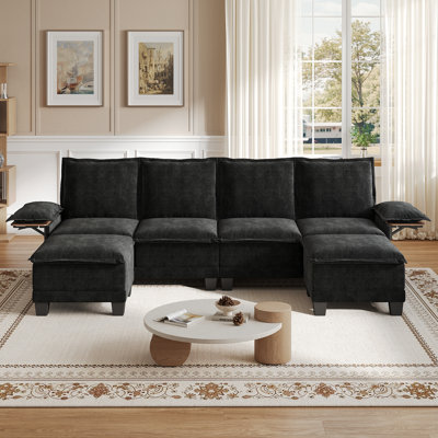 122" Waterproof Chenille U-shape Sofa With Collapsible Table, 4-seat Sectional Upholstered Couch With Two Ottomans For Living Room, Apartment