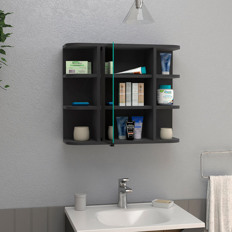 Armoire à pharmacie Milano, miroir à six tablettes extérieures, finition wengé noir, Noir
