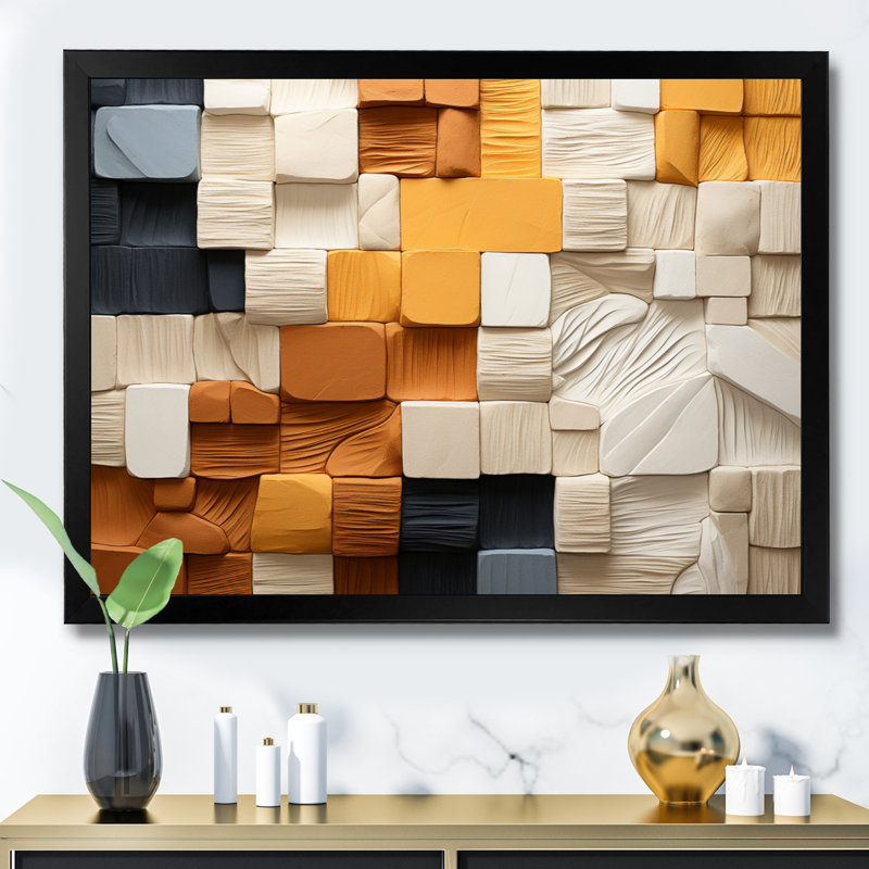 Cubique jaune et gris II sur toile, H 12 po x l 20 po x P 1 po, Cadre photo noir