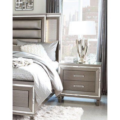Contemporary Nightstand With Mirrored Trim And 2 Drawers For Bedroom In