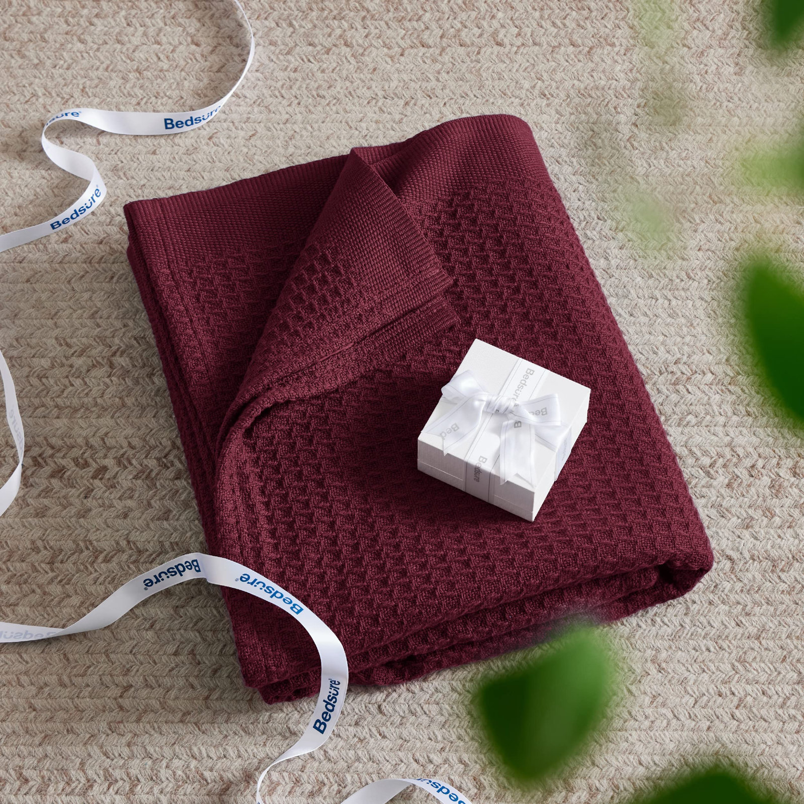 Bedsure Cotton Waffle Weave Throw Blanket, King, Burgundy Red