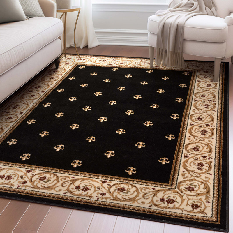 Doykos Fleur De Lis Traditional Oriental Black Plush Rug, Rectangle 7'10" x 9'10"