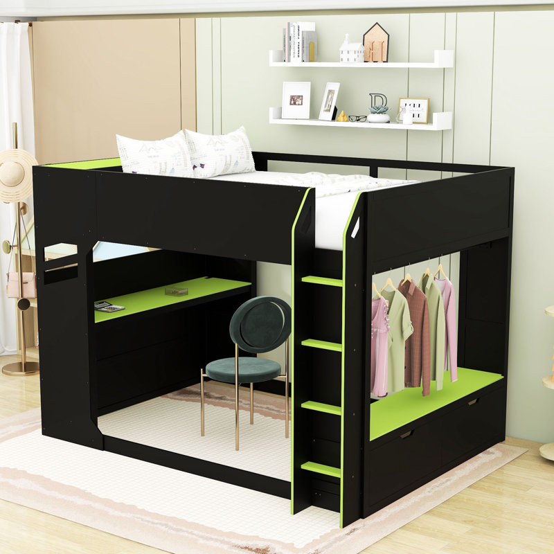 Full Size Loft Bed With Charging Station, Height-Adjustable Desk, RGB Light Strip And Drawers, Green