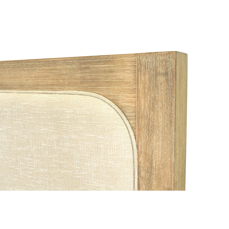 Luxurious Modern King Upholstered Headboard with Solid Malaysian Oak Frame, Weathered Natural Finish, Cream Fabric Upholstery, Sleek Low-Profile Design, and Easy Attachment to Metal Bed Frames