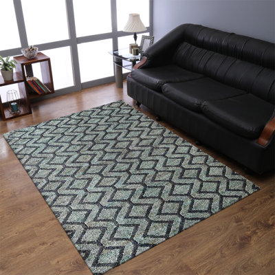 Tapis Patchway en jute Sumak noué à la main, écologique et uni - 90 x 150 cm, rectangulaire, vert anthracite, design géométrique moderne, poils longs, fibre naturelle, tapis intérieur/extérieur fait main pour salon, chambre