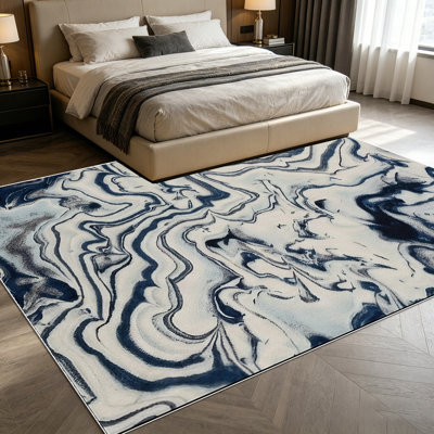 1PC Abstract Navy Blue Off-white Fluid Swirl Marbled area rugs for Living Room, Soft and Comfortable, Suitable for all seasons, easy-to-maintain, machine washable Indoor floor mat, Under Table Farmhouse suitable for Dining Table, Bedroom, Entryway,