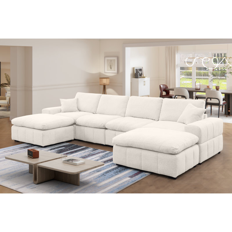 Upholstered Chenille Modular U-sectional Sofa With Two Oversized Ottomans, Beige Chenille