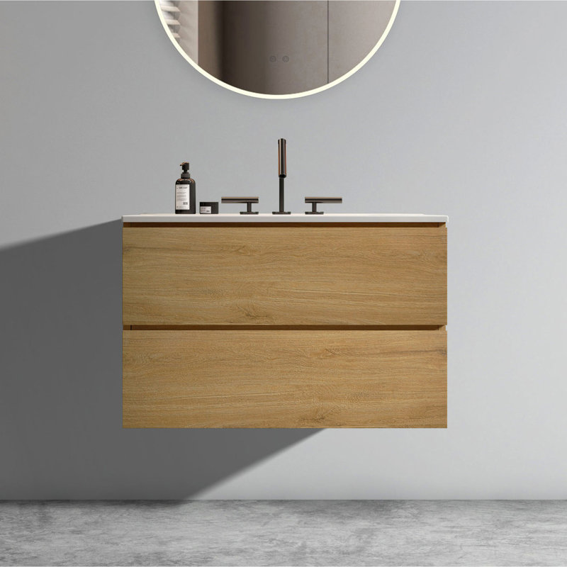 30" Natural Oak Bathroom Vanity With Ceramic Sink And 3 Faucet Holes - Modern, Silent Drawer, Spacious Cabinet Spacious, Drawer