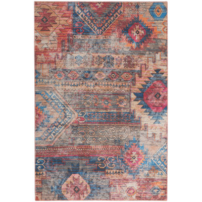 Machine Washable Southwestern Blue/Red Area Rug