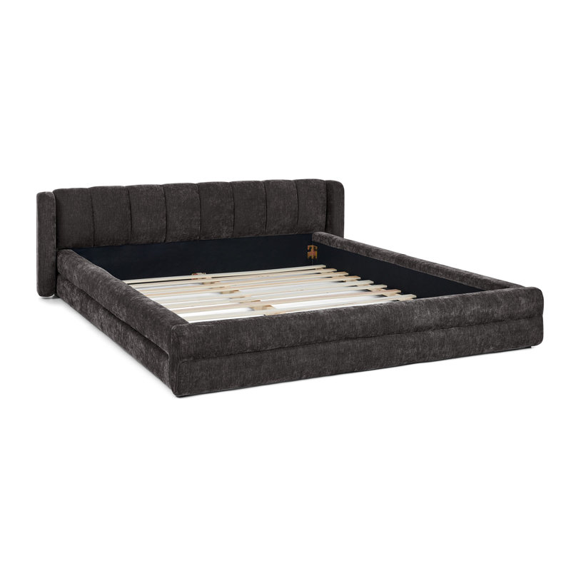 Grand lit plateforme tapissier avec tête de lit, tissu chenille, structure solide - aucun sommier nécessaire, Gris