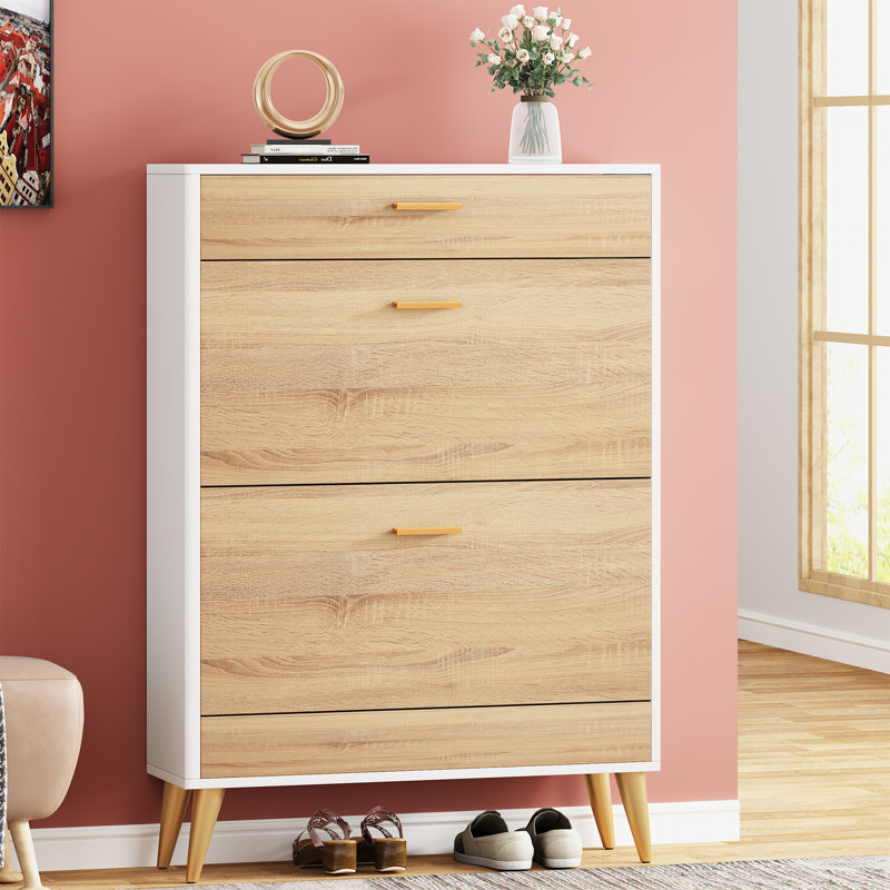 16 Pair Shoe Storage Cabinet, Natural Wood/White/Gold