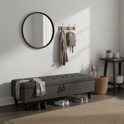 Élégant banc de rangement rembourré en lin et coton avec plateau rabattable