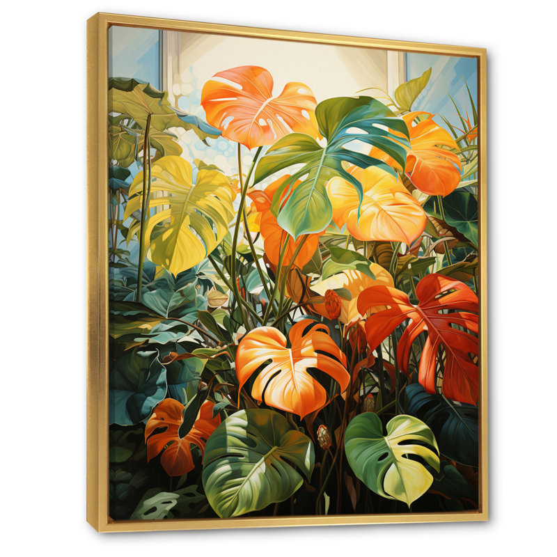 Feuillage tropical orange et vert III, H 20 po x l 12 po x P 1 po, Cadre flottant doré