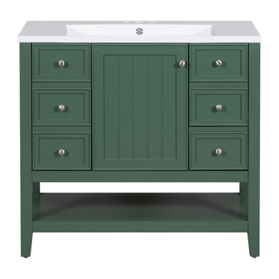 Meuble-lavabo 36 po avec lavabo, une armoire et trois tiroirs, bois massif et panneau de fibres à densité moyenne, vert