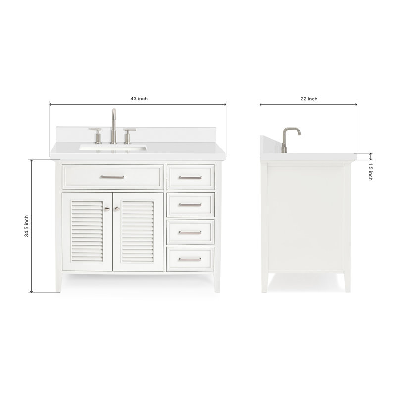 Ariel Kensington Left Offset Rectangle Single Sink Vanity, White, 36.25", Carrara White Quartz