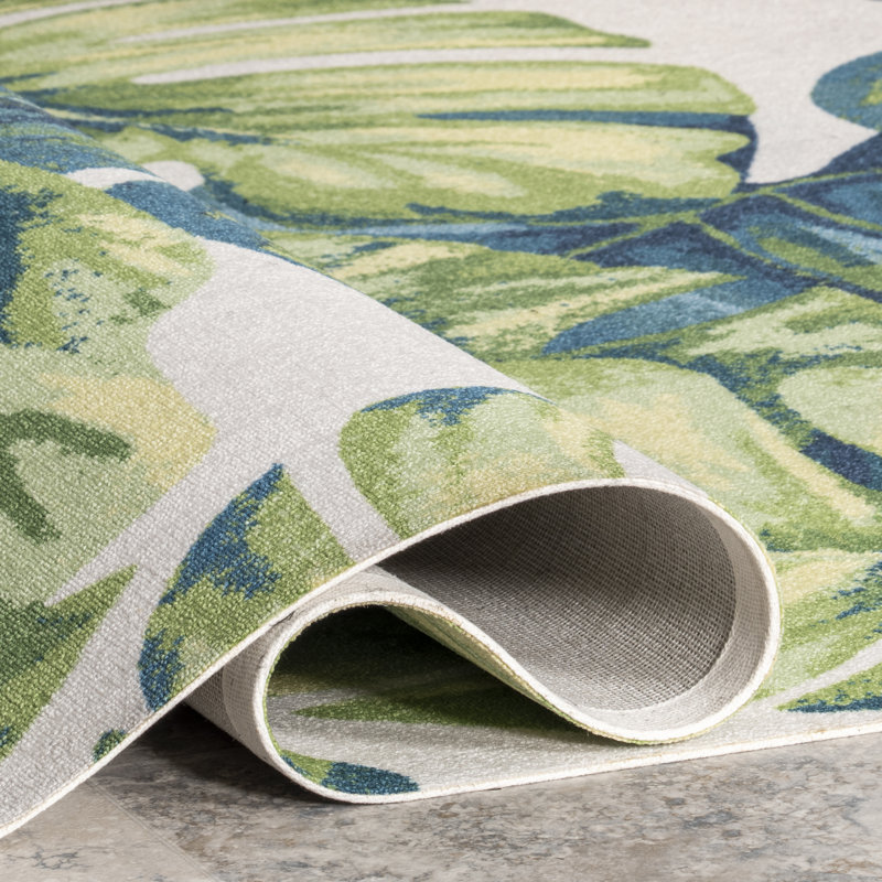 Tapis de patio intérieur / extérieur vert feuille tropicale Commer, Rond 4 pi
