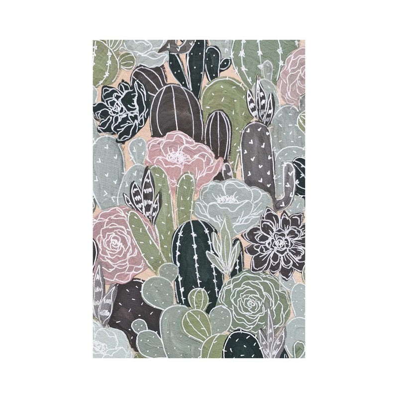 White Outlined Cactus Florals 1 Piece Wrapped Canvas Wall Art, 20.32 cm H x 30.48 cm W