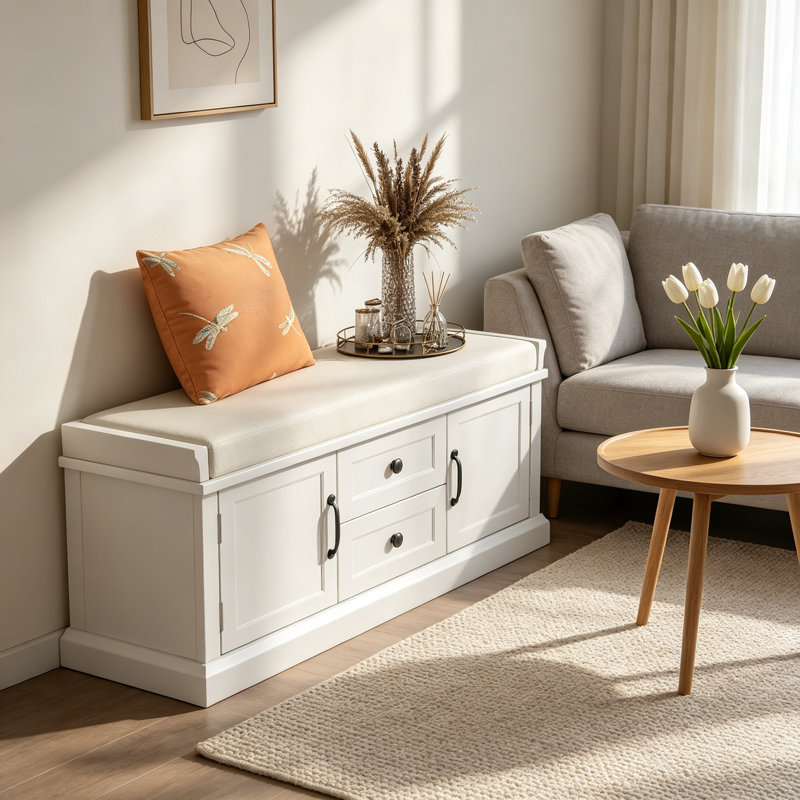 Velvet Upholstered Storage Bench, White