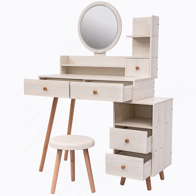 Vanity Table + Cushioned Stool, Touch Control LED Mirror, Large Capacity Storage Cabinet, 5 Drawers, Fashionable Makeup Furniture, Length Adjustable