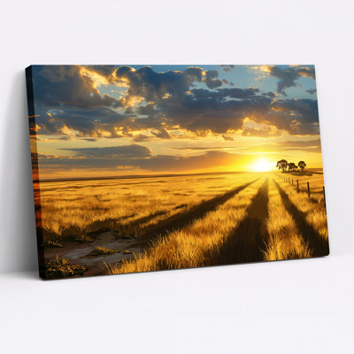 Tableau sur toile au coucher du soleil sur un champ de blé doré avec des arbres