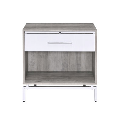 Bedroom Nightstand With 1 Drawer And Open Compartment, Weathered Gray Oak White, Metal Base Formation Space, White Finish,