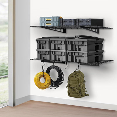 Heavy Duty Wall Mounted Storage Rack, Industrial Strength Storage Capacity Metal Shelving Unit with Hooks, Floating Shelves for Garage/Utility Room.