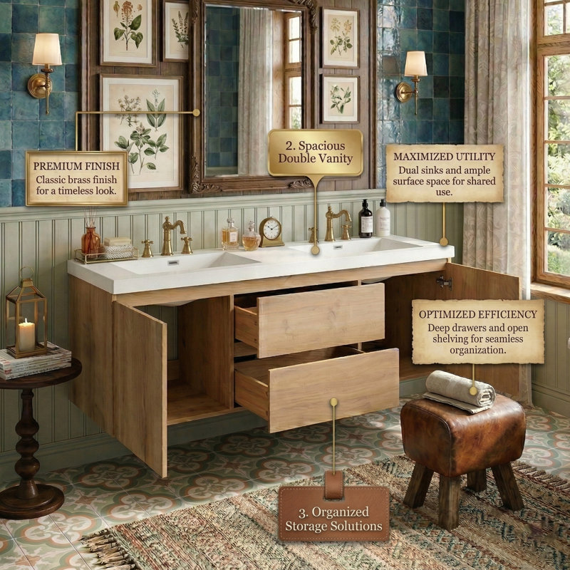 59.3" Floating Double Bathroom Vanity With SMC Top, Modern Wall-Mounted Cabinet With 2 Soft-Close Drawers & Doors, Natural Wood