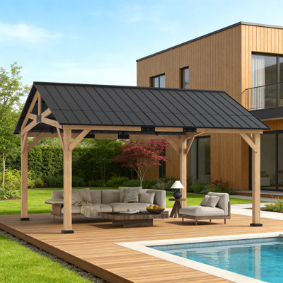 13 Ft x 15 Ft Premium Cedar Wood Hardtop Gazebo, Natural Cedar Frame Permanent Outdoor Pavilion with Galvanized Steel Roof, All-Weather Rust & UV Resistant Shade Shelter for Patio, Backyard, Garden & Lawn