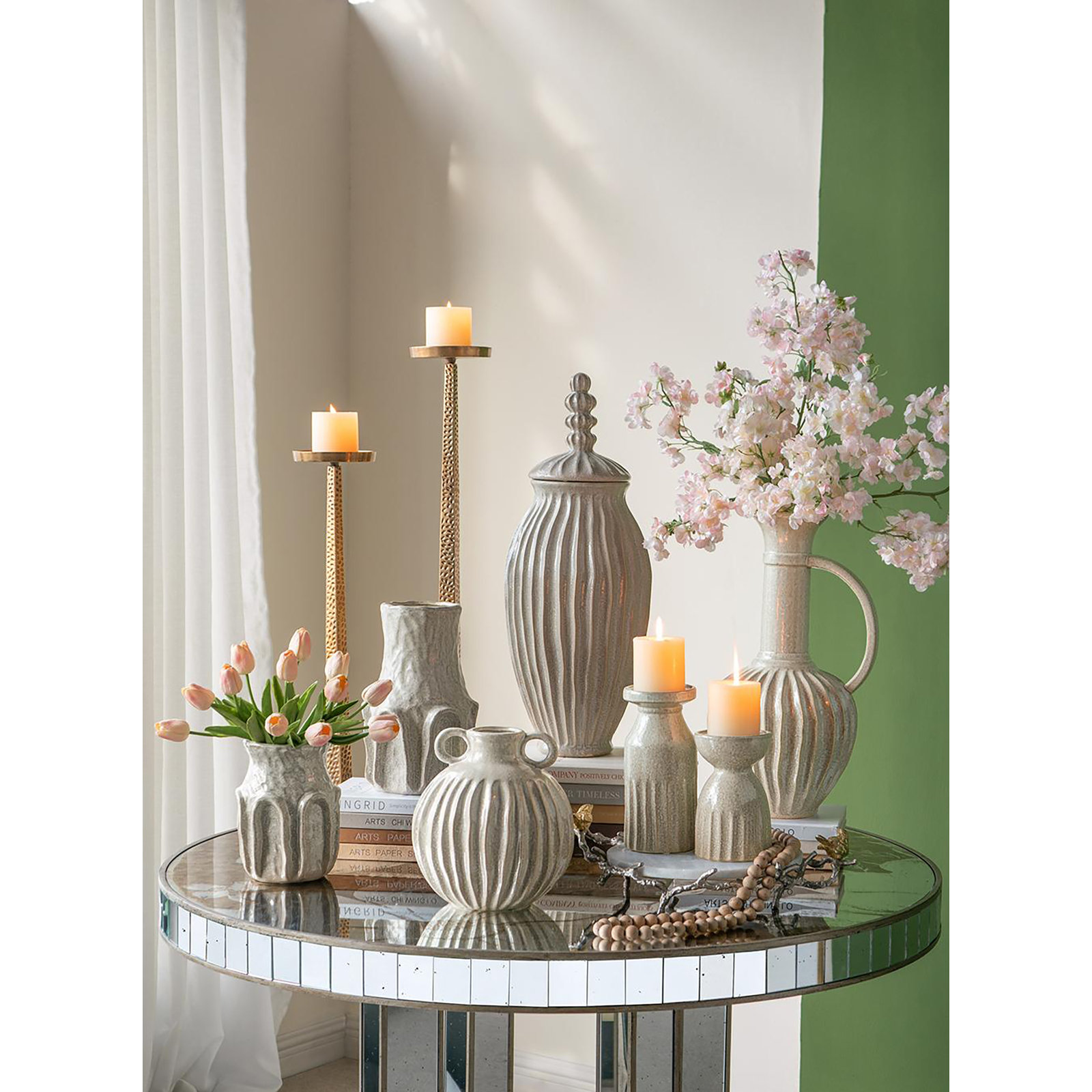 Decorative Ceramic Candle Holder with Textured Cylinder Design 4.5" x 4.5" x 7" Gold, 9.1" H x 4.1" W x 4.1" D