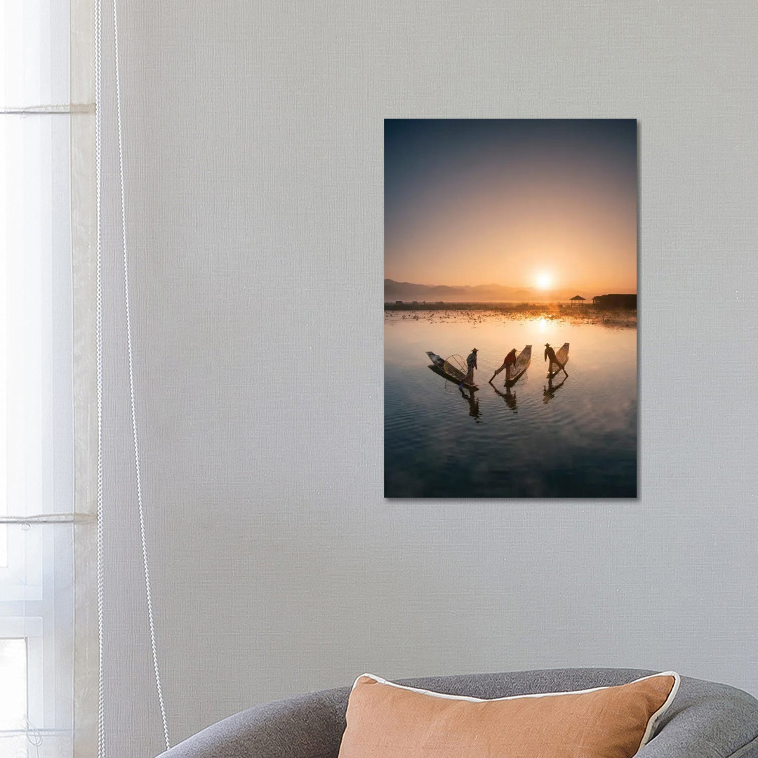 Group Of Intha Fishermen At Sunrise, Inle Lake, Myanmar by Jan Becke - Wrapped Canvas Print