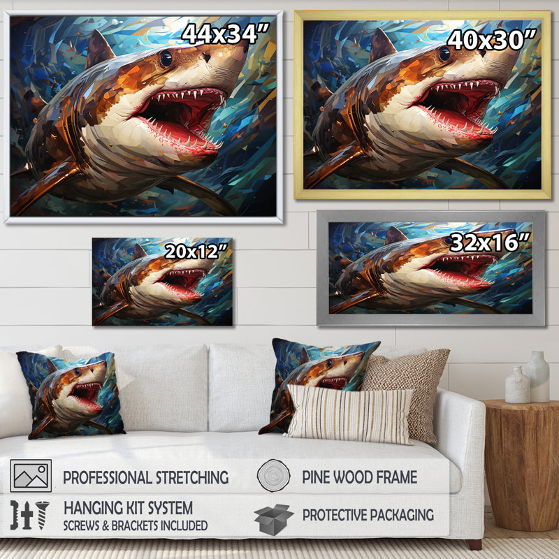 " Blue Shark Predators Glare Geometric II ", 34" H x 44" W x 1.5" D, Black Single Picture Framed