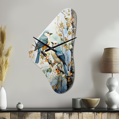 Rontrell Birds On Amercian Basswood Tree Bird - Trees Irregular Shape Metal Clock, Blue Asymmetrical Metal Clock Print