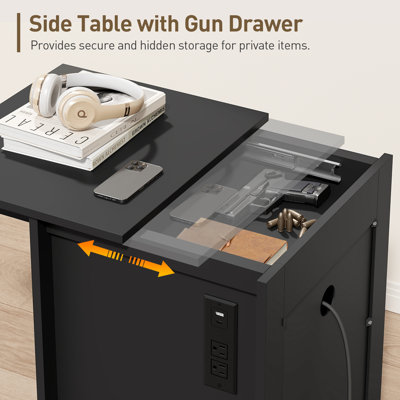  17.7" Farmhouse Nightstand with Gun Drawer, End Table with LED Light & Charging Station