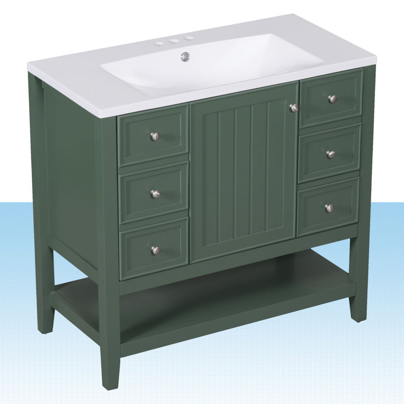Obieze 36'' Single Bathroom Vanity with Ceramic Top, Green