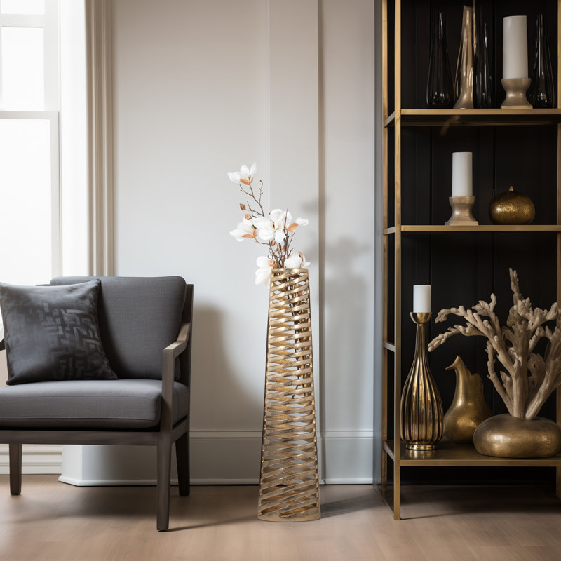 Contemporary Textured Cylinder Metal Tall Floor Vase for Home Tabletop Display - Tall table Vase for Entryway & Living Room Flower Arrangement - Gold