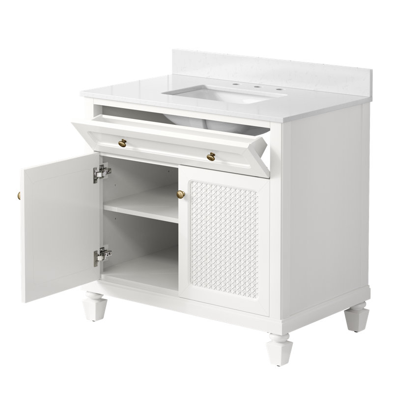 36" Free Standing Single Bathroom Vanity with Engineered Marble Top, Ceramic Sink, Backsplash, White