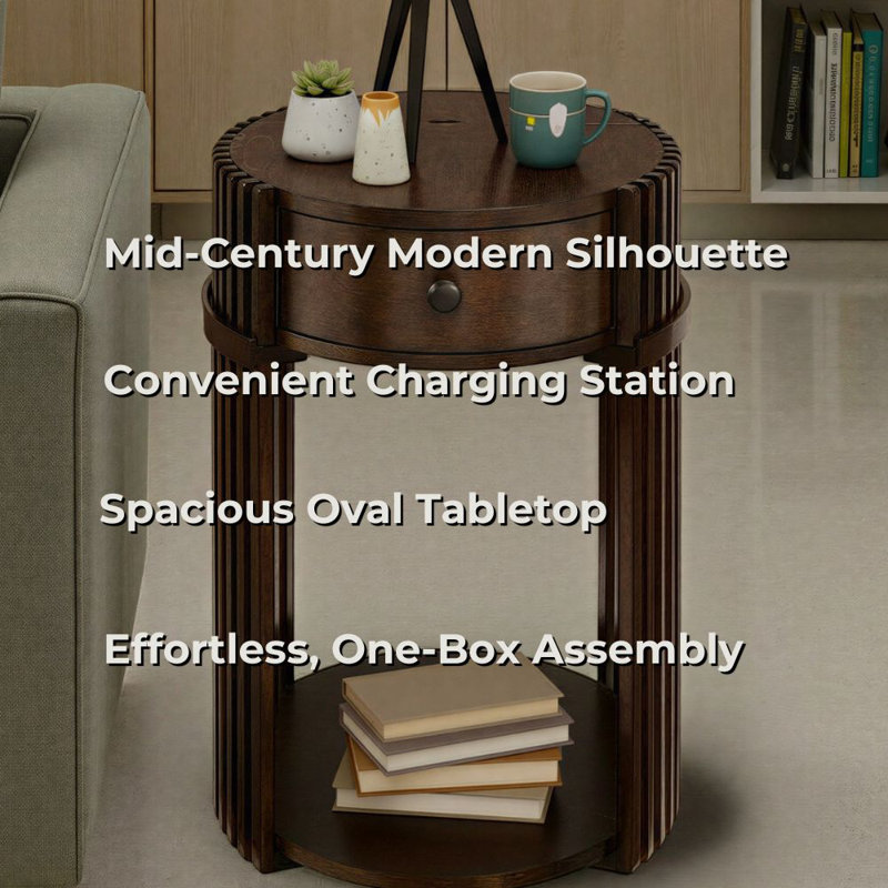 Estie Wood Slatted Chairside End Table With Charging Station, Espresso