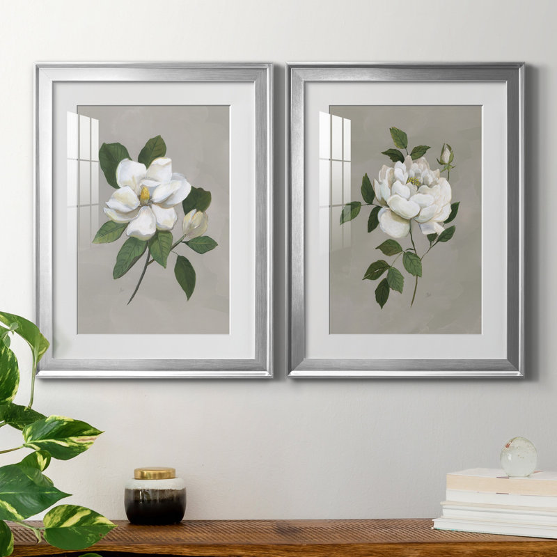 Magnolia botanique - ensemble de 2 reproductions d'art, Blanc, H 18,5 po x l 49 po x P 1,5 po, Papier avec cadre argenté