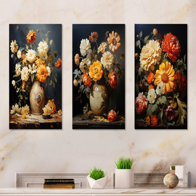 Yellow Zinnias Fill In Ornate Vase - Zinnias Metal Art Print Set Of 3