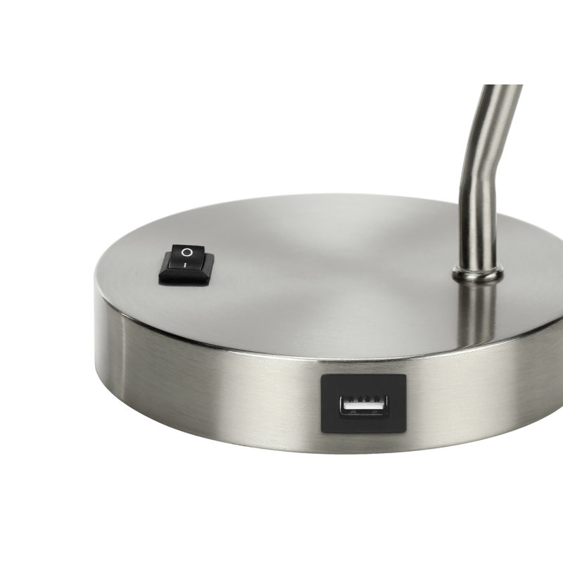 Éclairage, H 17 po, lampe de table, port USB inclus, nickel métallique, abat-jour nickel, moderne