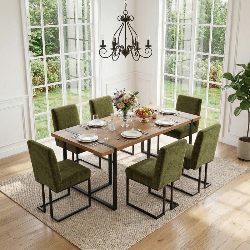 7-Piece Modern Rectangular Dining Table Set For 6 With Upholstered Dining Chairs, Green